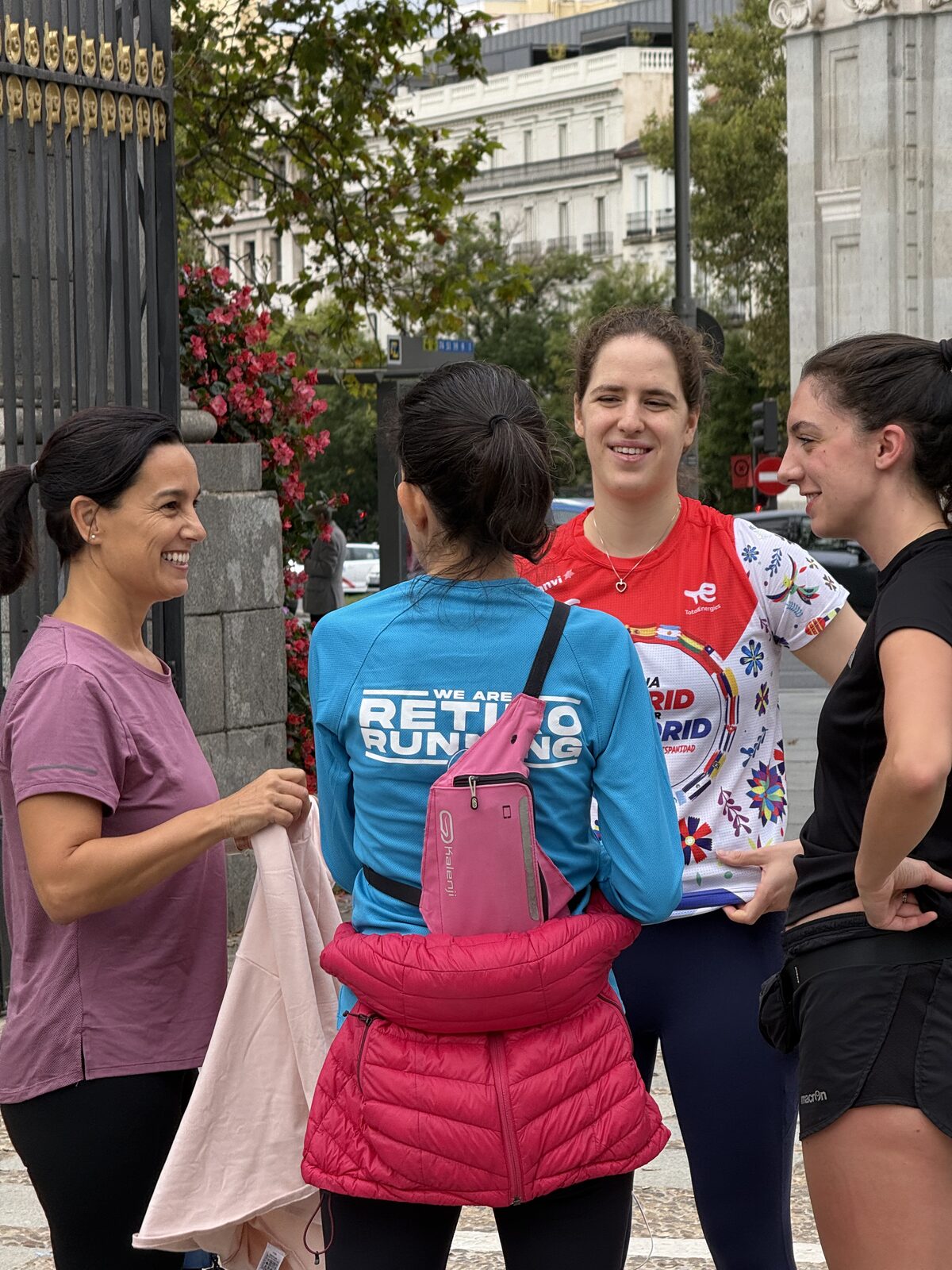 The group meeting up in Madrid, chatting before setting off